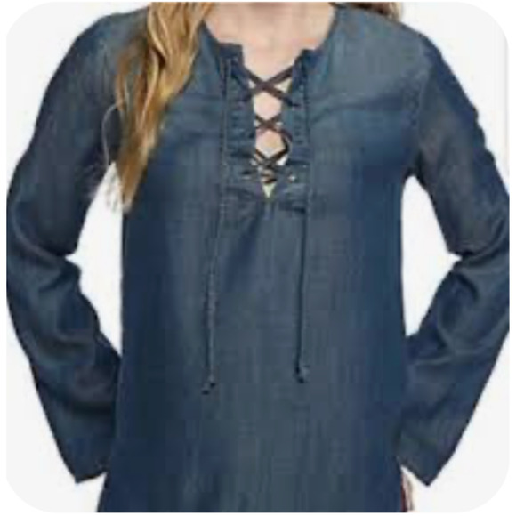 Cloth & Stone Shirt Womens S Small Blue Chambray Lace Up Long Sleeve Tencel Top - Picture 12 of 13
